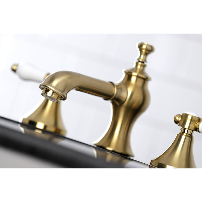 Kingston Tulare KC7067BPL - Bel-Air Two-Handle 3-Hole Deck Mount Widespread Bathroom Faucet with Brass Pop-Up, Brushed Brass