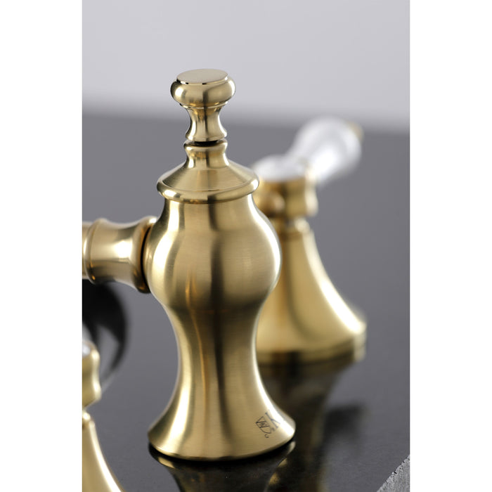 Kingston Tulare KC7067BPL - Bel-Air Two-Handle 3-Hole Deck Mount Widespread Bathroom Faucet with Brass Pop-Up, Brushed Brass