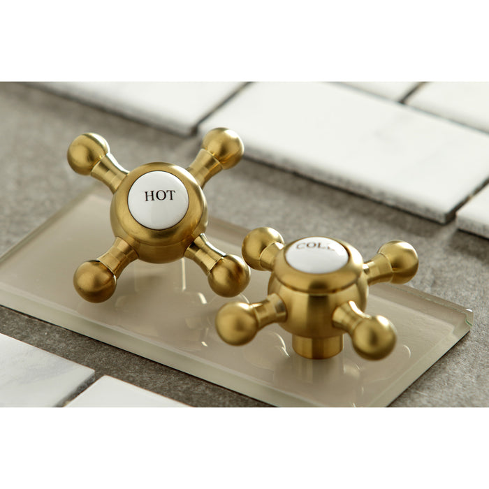 English Country KC7067BX Two-Handle 3-Hole Deck Mount Widespread Bathroom Faucet with Brass Pop-Up, Brushed Brass
