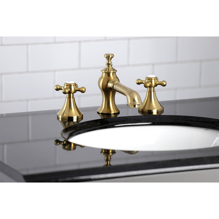 Kingston Tulare KC7067BX - English Country Two-Handle 3-Hole Deck Mount Widespread Bathroom Faucet with Brass Pop-Up, Brushed Brass