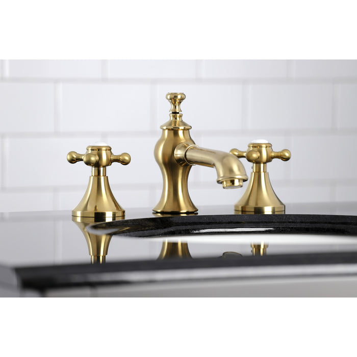 Kingston Tulare KC7067BX - English Country Two-Handle 3-Hole Deck Mount Widespread Bathroom Faucet with Brass Pop-Up, Brushed Brass
