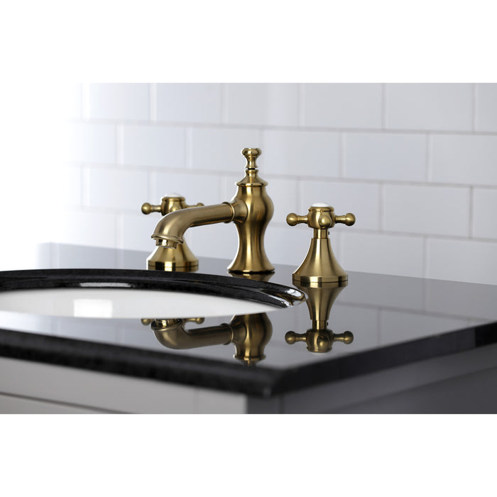 Kingston Tulare KC7067BX - English Country Two-Handle 3-Hole Deck Mount Widespread Bathroom Faucet with Brass Pop-Up, Brushed Brass