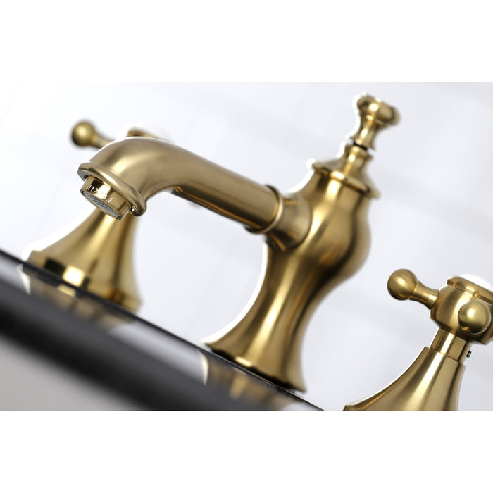 English Country KC7067BX Two-Handle 3-Hole Deck Mount Widespread Bathroom Faucet with Brass Pop-Up, Brushed Brass