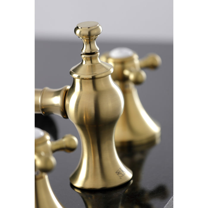 Kingston Tulare KC7067BX - English Country Two-Handle 3-Hole Deck Mount Widespread Bathroom Faucet with Brass Pop-Up, Brushed Brass
