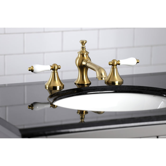 Kingston Tulare KC7067PL - Vintage Two-Handle 3-Hole Deck Mount Widespread Bathroom Faucet with Brass Pop-Up, Brushed Brass