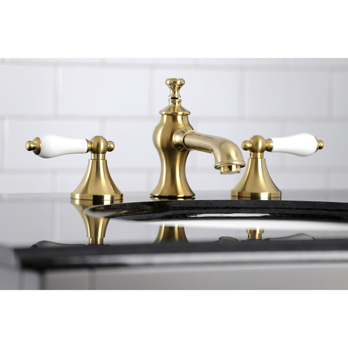 Kingston Tulare KC7067PL - Vintage Two-Handle 3-Hole Deck Mount Widespread Bathroom Faucet with Brass Pop-Up, Brushed Brass