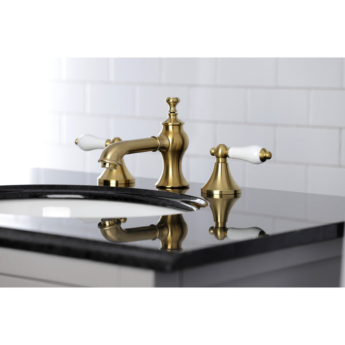 Kingston Tulare KC7067PL - Vintage Two-Handle 3-Hole Deck Mount Widespread Bathroom Faucet with Brass Pop-Up, Brushed Brass