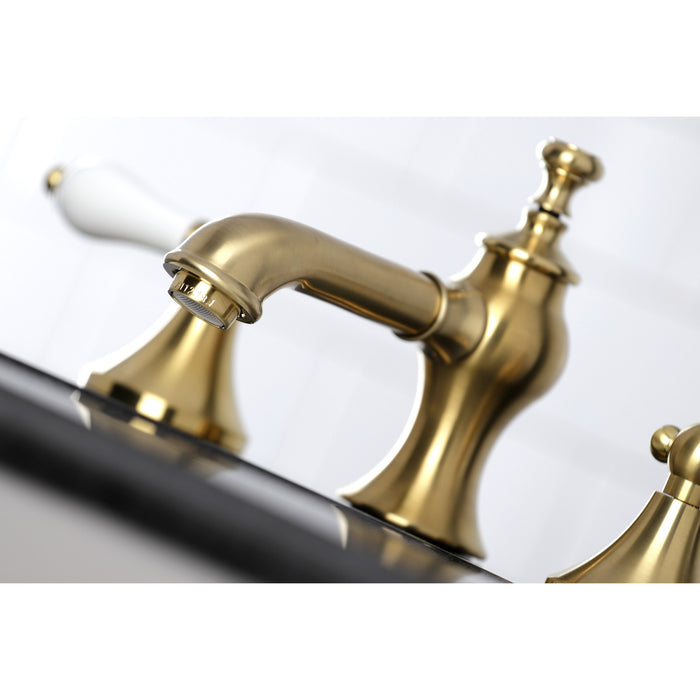 Kingston Tulare KC7067PL - Vintage Two-Handle 3-Hole Deck Mount Widespread Bathroom Faucet with Brass Pop-Up, Brushed Brass