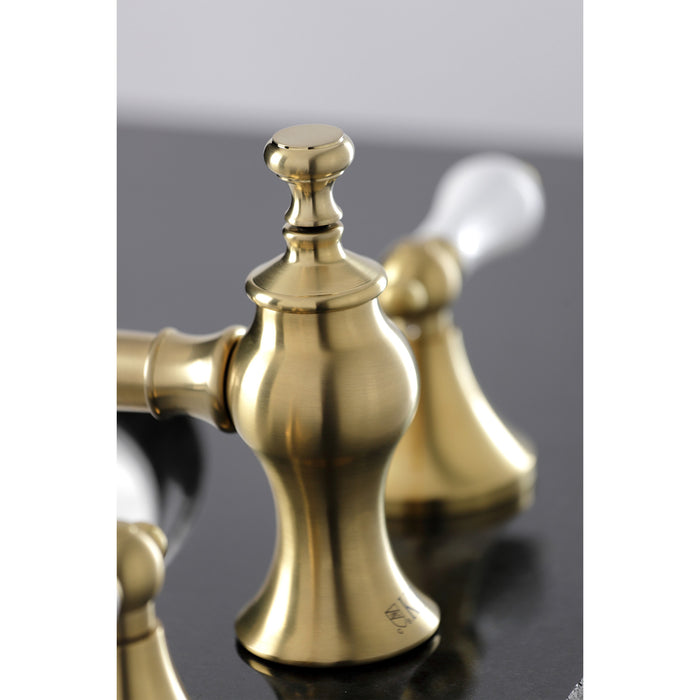 Kingston Tulare KC7067PL - Vintage Two-Handle 3-Hole Deck Mount Widespread Bathroom Faucet with Brass Pop-Up, Brushed Brass