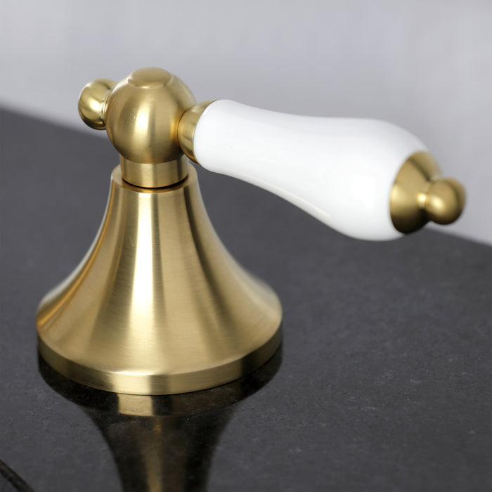 Vintage KC7067PL Two-Handle 3-Hole Deck Mount Widespread Bathroom Faucet with Brass Pop-Up, Brushed Brass