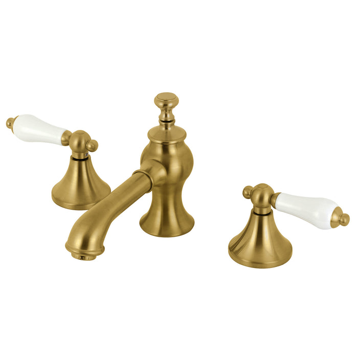 Kingston Tulare KC7067PL - Vintage Two-Handle 3-Hole Deck Mount Widespread Bathroom Faucet with Brass Pop-Up, Brushed Brass