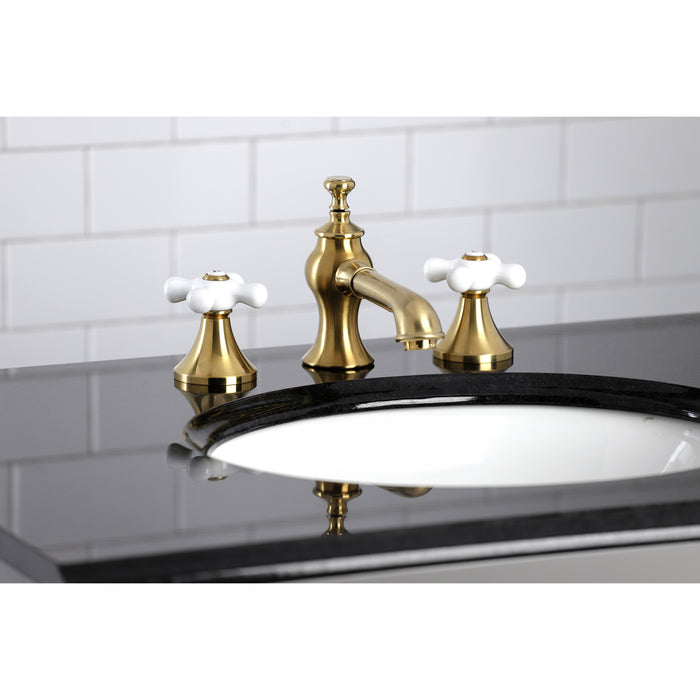 Vintage KC7067PX Two-Handle 3-Hole Deck Mount Widespread Bathroom Faucet with Brass Pop-Up, Brushed Brass