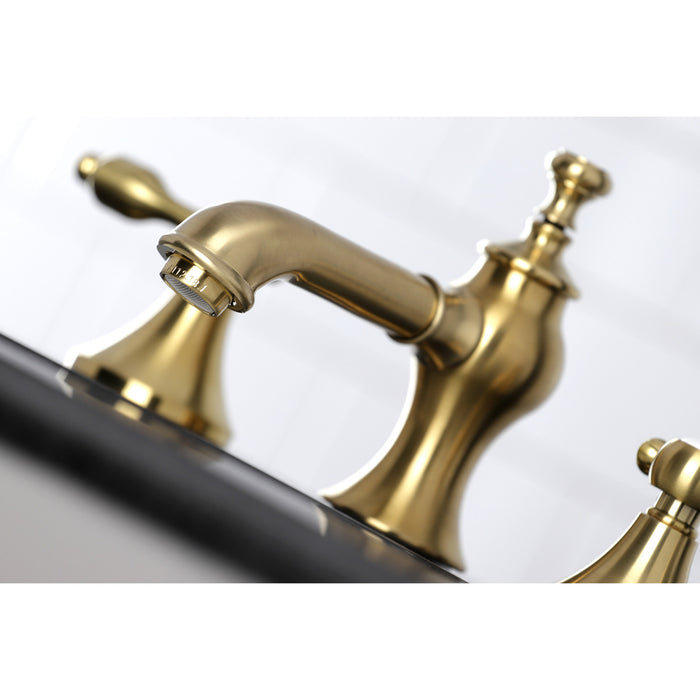 Tudor KC7067TAL Two-Handle 3-Hole Deck Mount Widespread Bathroom Faucet with Brass Pop-Up, Brushed Brass