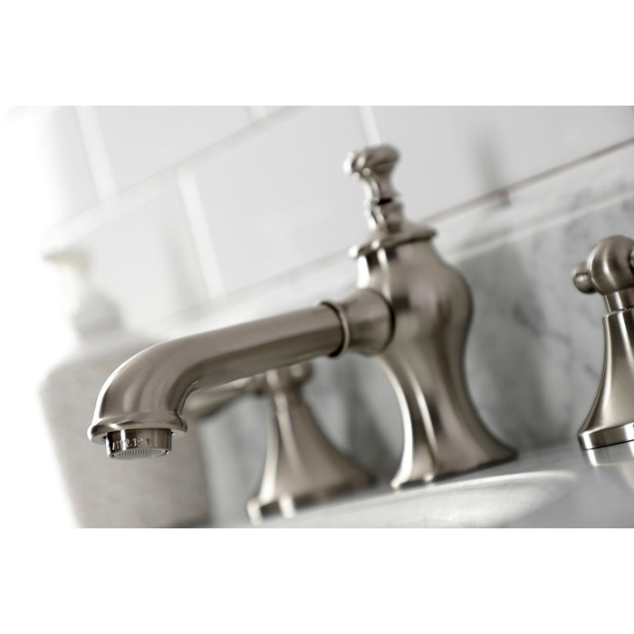 Kingston Tulare KC7068AL - Vintage Two-Handle 3-Hole Deck Mount Widespread Bathroom Faucet with Brass Pop-Up, Brushed Nickel