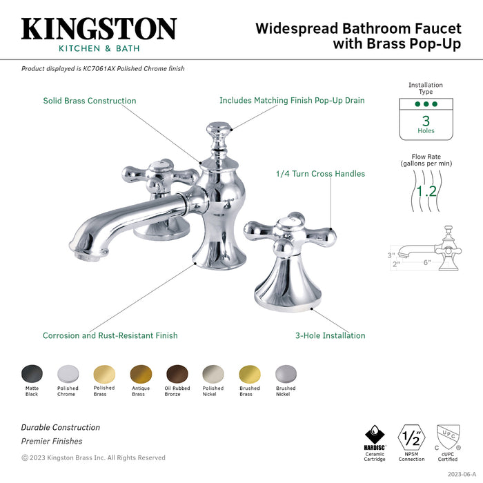 Kingston Tulare KC7068AX - Vintage Two-Handle 3-Hole Deck Mount Widespread Bathroom Faucet with Brass Pop-Up, Brushed Nickel
