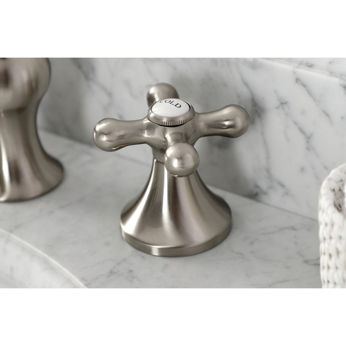 Kingston Tulare KC7068AX - Vintage Two-Handle 3-Hole Deck Mount Widespread Bathroom Faucet with Brass Pop-Up, Brushed Nickel