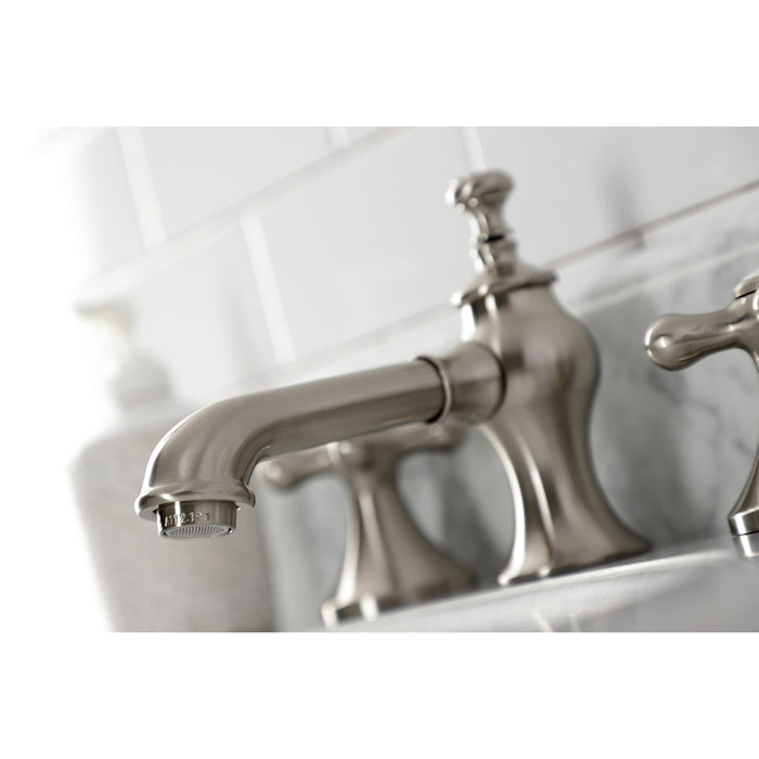 Kingston Tulare KC7068AX - Vintage Two-Handle 3-Hole Deck Mount Widespread Bathroom Faucet with Brass Pop-Up, Brushed Nickel