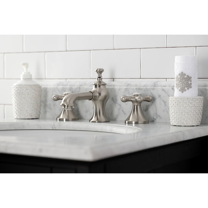 Kingston Tulare KC7068AX - Vintage Two-Handle 3-Hole Deck Mount Widespread Bathroom Faucet with Brass Pop-Up, Brushed Nickel