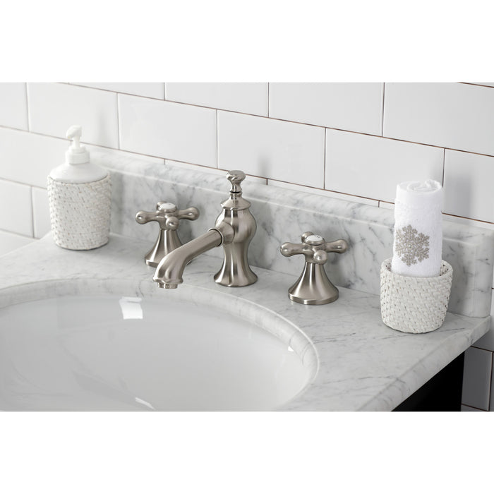 Kingston Tulare KC7068AX - Vintage Two-Handle 3-Hole Deck Mount Widespread Bathroom Faucet with Brass Pop-Up, Brushed Nickel