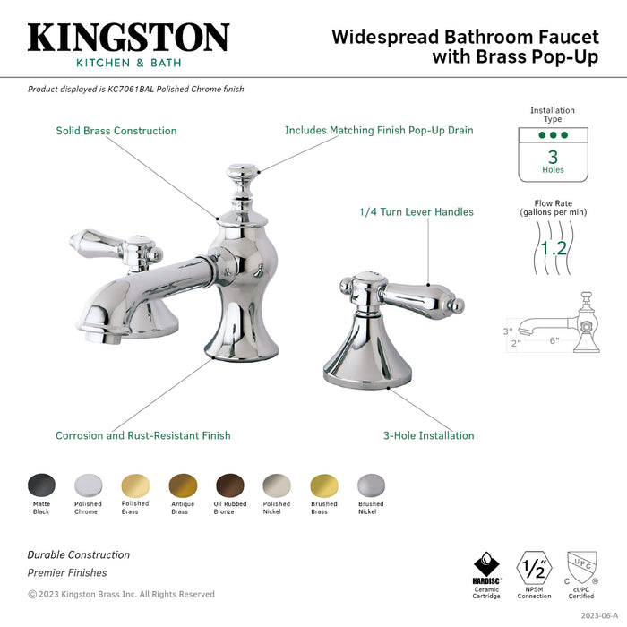 Heirloom KC7068BAL Two-Handle 3-Hole Deck Mount Widespread Bathroom Faucet with Brass Pop-Up, Brushed Nickel
