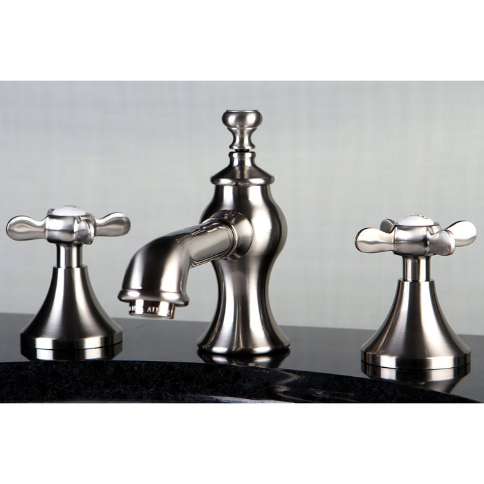 Essex KC7068BEX Two-Handle 3-Hole Deck Mount Widespread Bathroom Faucet with Brass Pop-Up, Brushed Nickel