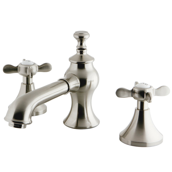 Kingston Tulare KC7068BEX - Essex Two-Handle 3-Hole Deck Mount Widespread Bathroom Faucet with Brass Pop-Up, Brushed Nickel