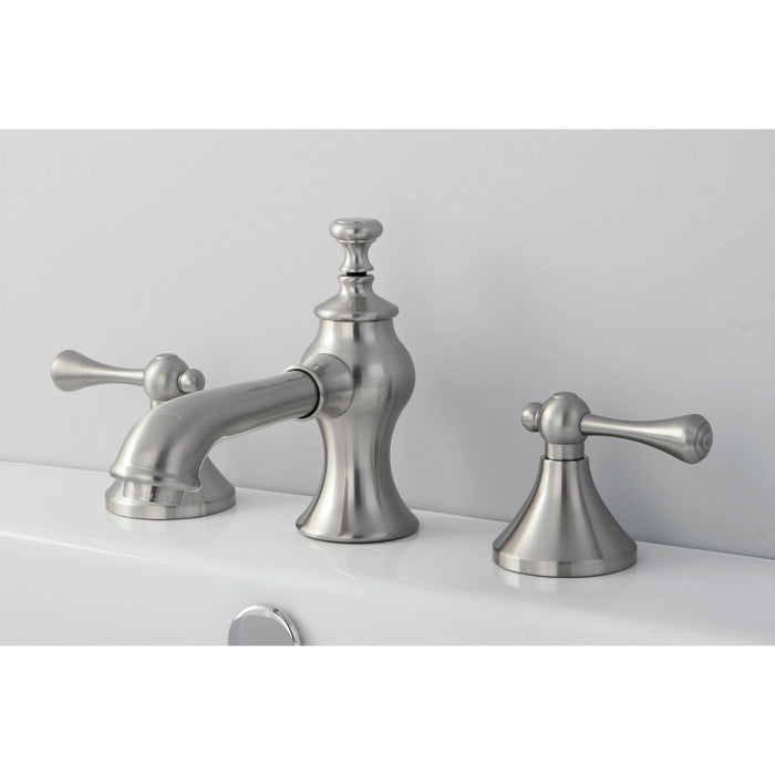 English Country KC7068BL Two-Handle 3-Hole Deck Mount Widespread Bathroom Faucet with Brass Pop-Up, Brushed Nickel