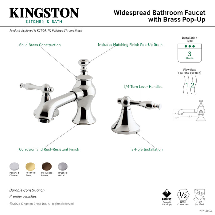 Kingston Tulare KC7068NL - Naples Two-Handle 3-Hole Deck Mount Widespread Bathroom Faucet with Brass Pop-Up, Brushed Nickel