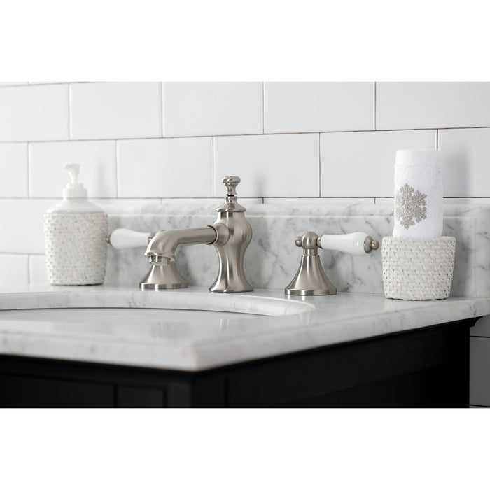 Kingston Tulare KC7068PL - Vintage Two-Handle 3-Hole Deck Mount Widespread Bathroom Faucet with Brass Pop-Up, Brushed Nickel