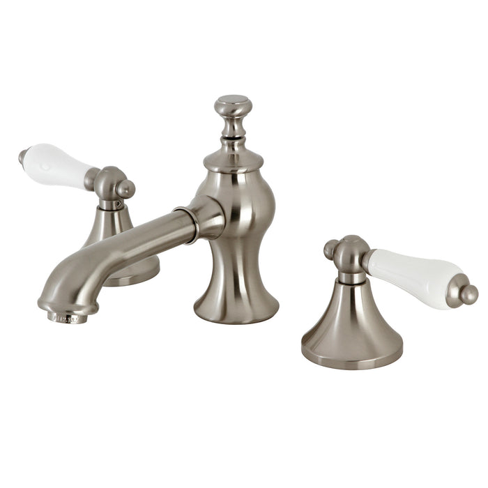 Vintage KC7068PL Two-Handle 3-Hole Deck Mount Widespread Bathroom Faucet with Brass Pop-Up, Brushed Nickel