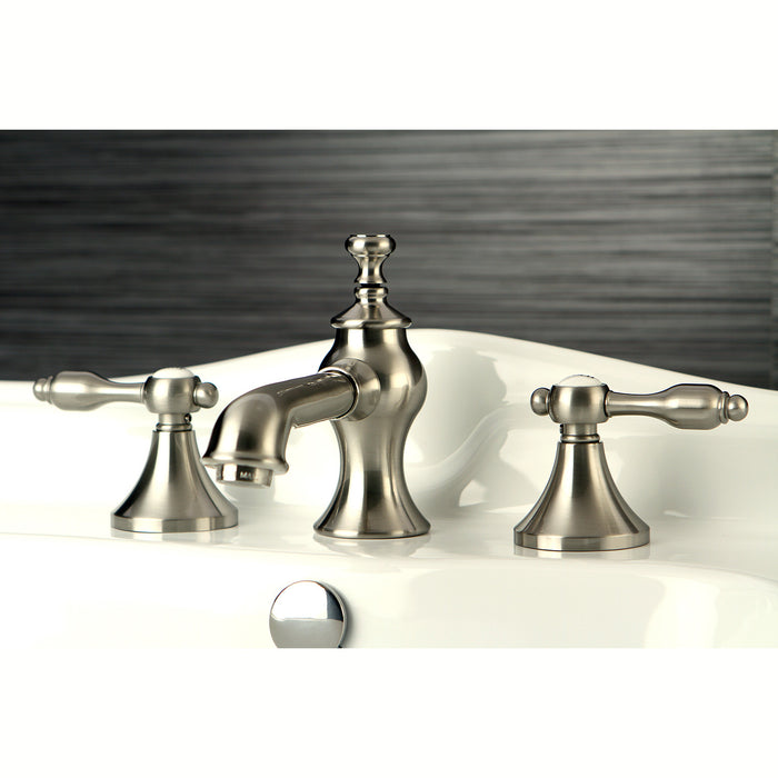 Tudor KC7068TAL Two-Handle 3-Hole Deck Mount Widespread Bathroom Faucet with Brass Pop-Up, Brushed Nickel