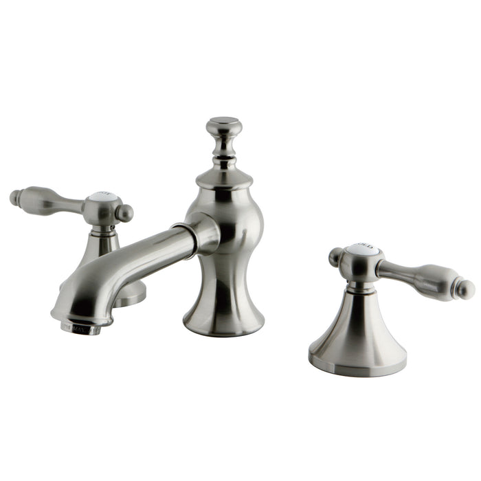 Tudor KC7068TAL Two-Handle 3-Hole Deck Mount Widespread Bathroom Faucet with Brass Pop-Up, Brushed Nickel