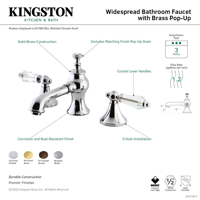 Wilshire KC7068WLL Two-Handle 3-Hole Deck Mount Widespread Bathroom Faucet with Brass Pop-Up, Brushed Nickel