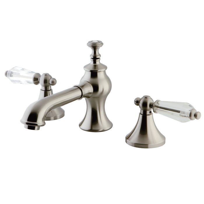 Kingston Tulare KC7068WLL - Wilshire Two-Handle 3-Hole Deck Mount Widespread Bathroom Faucet with Brass Pop-Up, Brushed Nickel