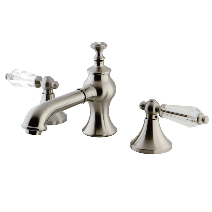 Wilshire KC7068WLL Two-Handle 3-Hole Deck Mount Widespread Bathroom Faucet with Brass Pop-Up, Brushed Nickel