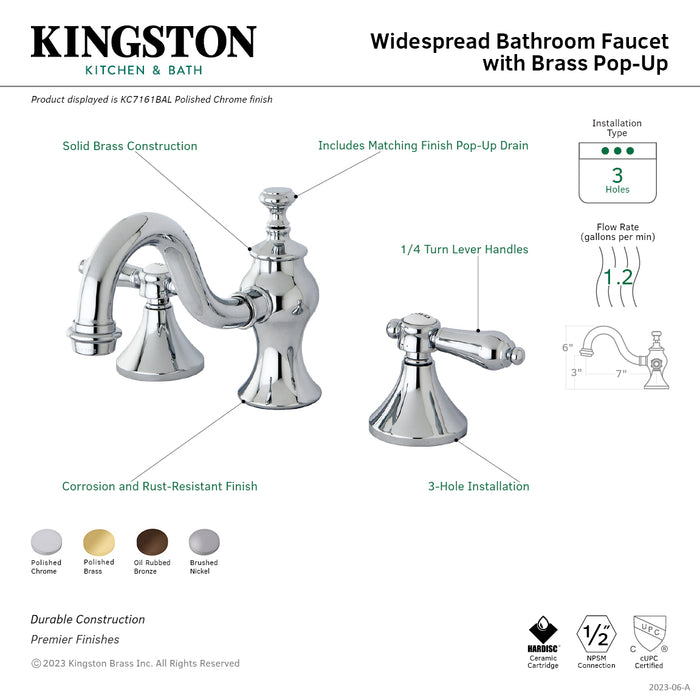 Kingston Heirloom KC7161BAL - Bel-Air Two-Handle 3-Hole Deck Mount Widespread Bathroom Faucet with Brass Pop-Up, Polished Chrome