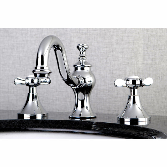 Kingston Heirloom KC7161BEX - Essex Two-Handle 3-Hole Deck Mount Widespread Bathroom Faucet with Brass Pop-Up, Polished Chrome