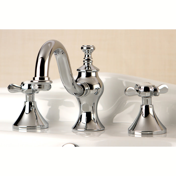 Essex KC7161BEX Two-Handle 3-Hole Deck Mount Widespread Bathroom Faucet with Brass Pop-Up, Polished Chrome