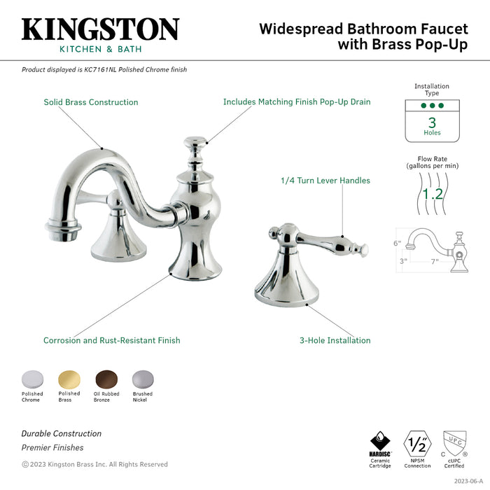 Naples KC7161NL Two-Handle 3-Hole Deck Mount Widespread Bathroom Faucet with Brass Pop-Up, Polished Chrome