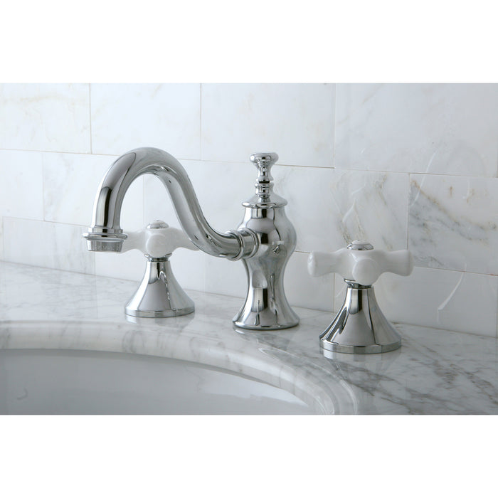 Kingston Heirloom KC7161PXTwo-Handle 3-Hole Deck Mount Widespread Bathroom Faucet with Brass Pop-Up, Polished Chrome
