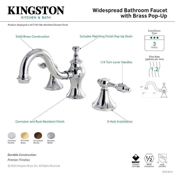Kingston Heirloom KC7161TAL - Tudor Two-Handle 3-Hole Deck Mount Widespread Bathroom Faucet with Brass Pop-Up, Polished Chrome