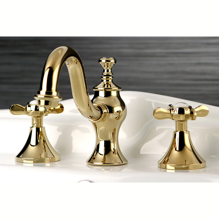 Kingston Heirloom KC7162BEX - Essex Two-Handle 3-Hole Deck Mount Widespread Bathroom Faucet with Brass Pop-Up, Polished Brass