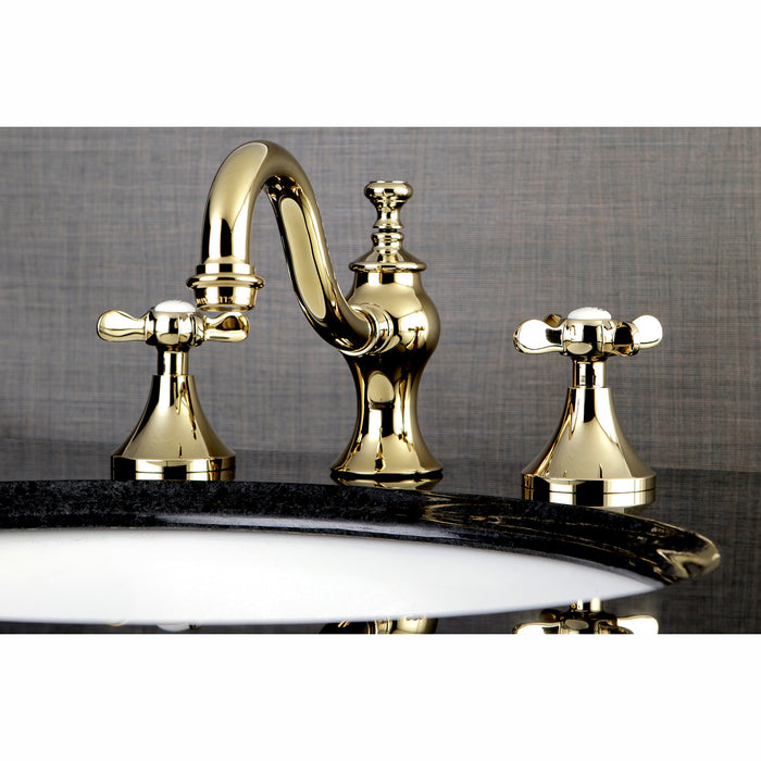 Essex KC7162BEX Two-Handle 3-Hole Deck Mount Widespread Bathroom Faucet with Brass Pop-Up, Polished Brass