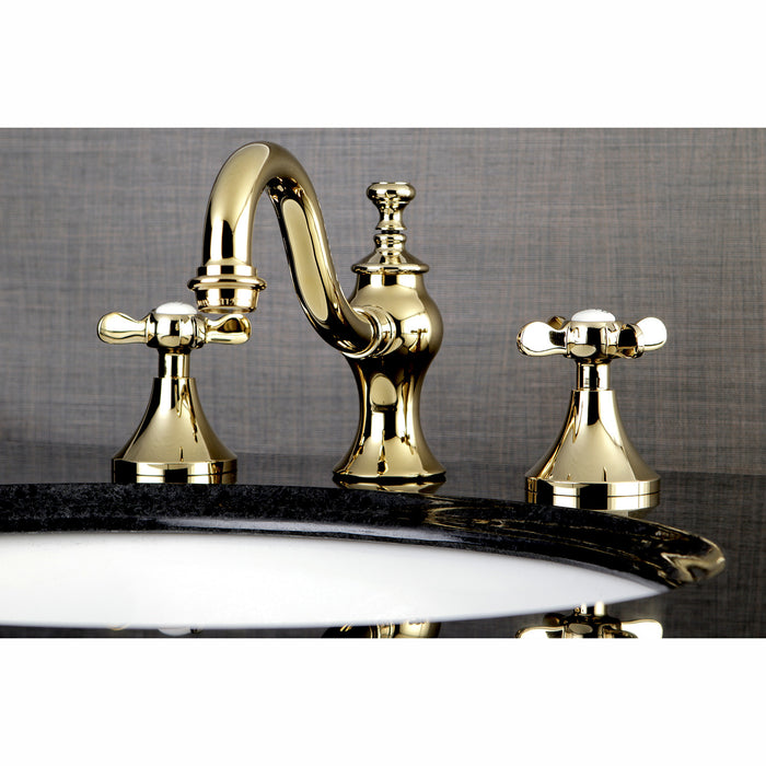 Kingston Heirloom KC7162BEX - Essex Two-Handle 3-Hole Deck Mount Widespread Bathroom Faucet with Brass Pop-Up, Polished Brass