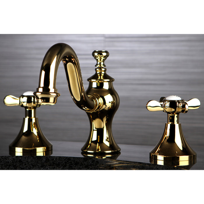 Kingston Heirloom KC7162BEX - Essex Two-Handle 3-Hole Deck Mount Widespread Bathroom Faucet with Brass Pop-Up, Polished Brass
