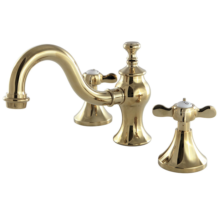 Kingston Heirloom KC7162BEX - Essex Two-Handle 3-Hole Deck Mount Widespread Bathroom Faucet with Brass Pop-Up, Polished Brass