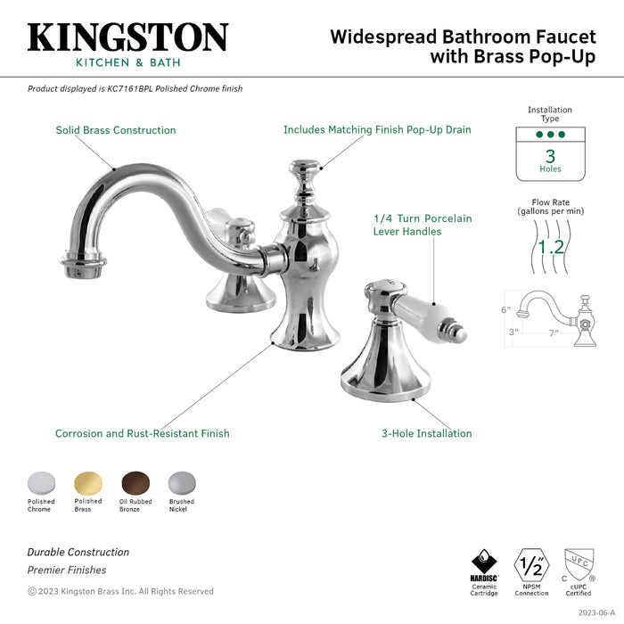 Kingston Heirloom KC7162BPL - Bel-Air Two-Handle 3-Hole Deck Mount Widespread Bathroom Faucet with Brass Pop-Up, Polished Brass