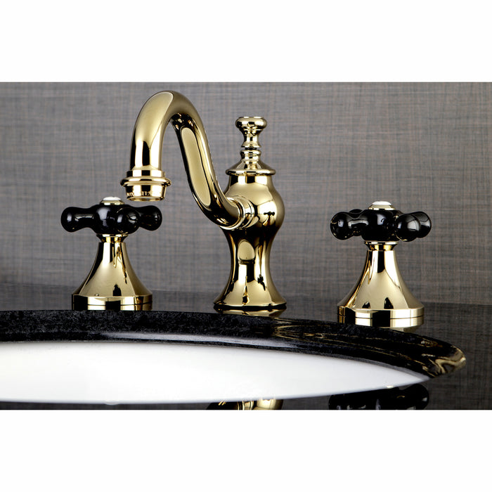 Kingston Heirloom KC7162PKX - Duchess Two-Handle 3-Hole Deck Mount Widespread Bathroom Faucet with Brass Pop-Up, Polished Brass