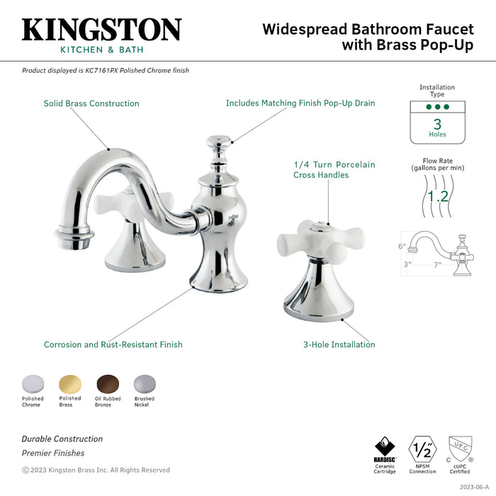 KC7162PX Two-Handle 3-Hole Deck Mount Widespread Bathroom Faucet with Brass Pop-Up, Polished Brass