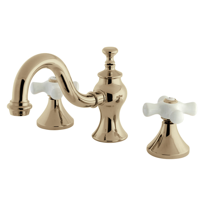 KC7162PX Two-Handle 3-Hole Deck Mount Widespread Bathroom Faucet with Brass Pop-Up, Polished Brass